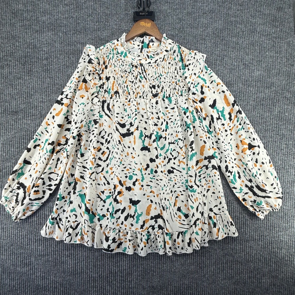 Jodifl Blouse Womens Large White Abstract Smocked Ruffle Peplum Top G8396‎